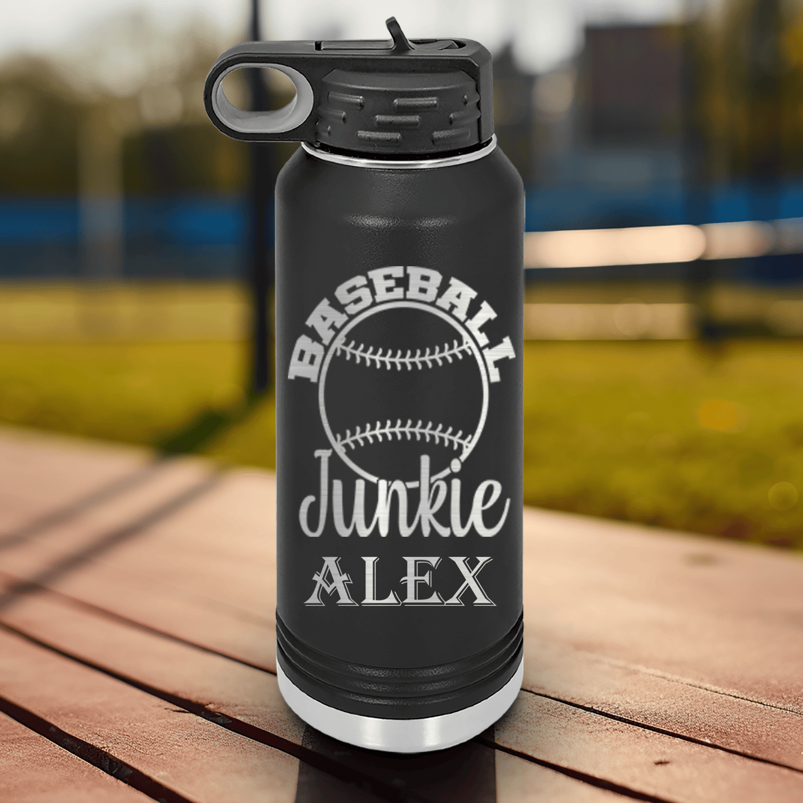 Black Baseball Water Bottle With Addicted To The Diamond Design
