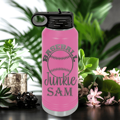 Pink Baseball Water Bottle With Addicted To The Diamond Design