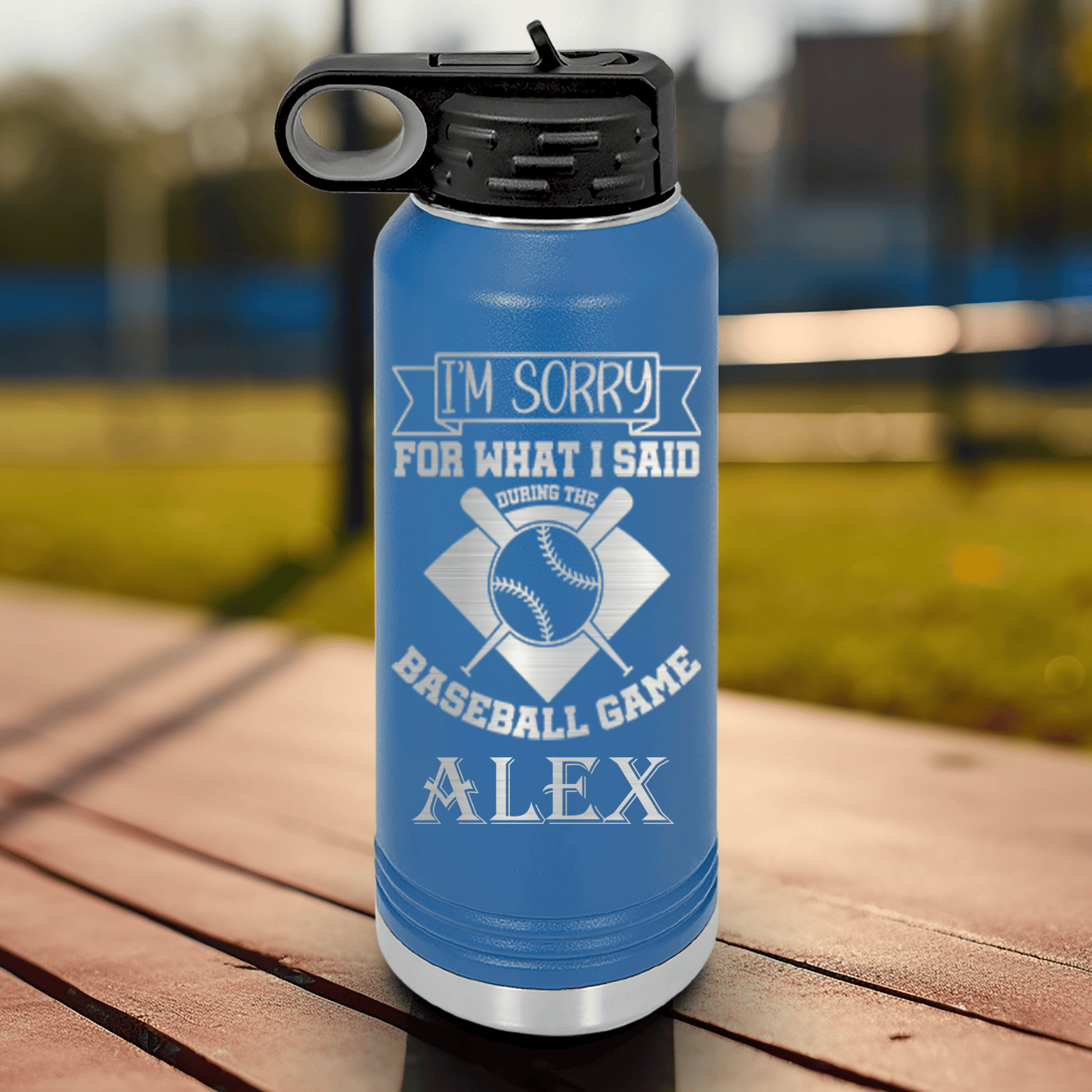 Blue Baseball Water Bottle With Baseball Game Day Regrets Design