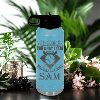Light Blue Baseball Water Bottle With Baseball Game Day Regrets Design