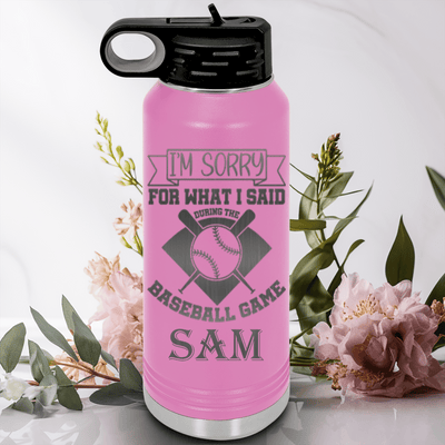 Light Purple Baseball Water Bottle With Baseball Game Day Regrets Design