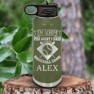 Military Green Baseball Water Bottle With Baseball Game Day Regrets Design