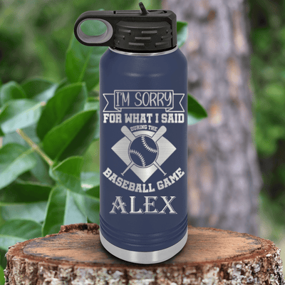 Navy Baseball Water Bottle With Baseball Game Day Regrets Design