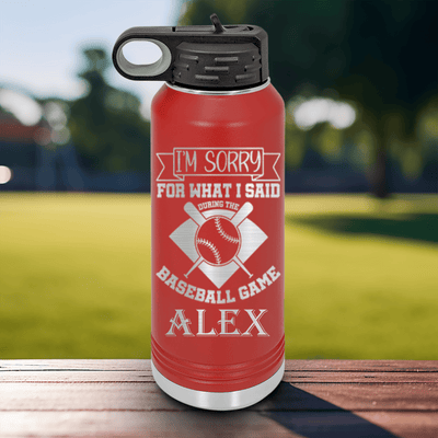 Red Baseball Water Bottle With Baseball Game Day Regrets Design