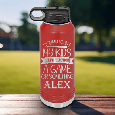 Red Baseball Water Bottle With Busy Ballpark Nights Design