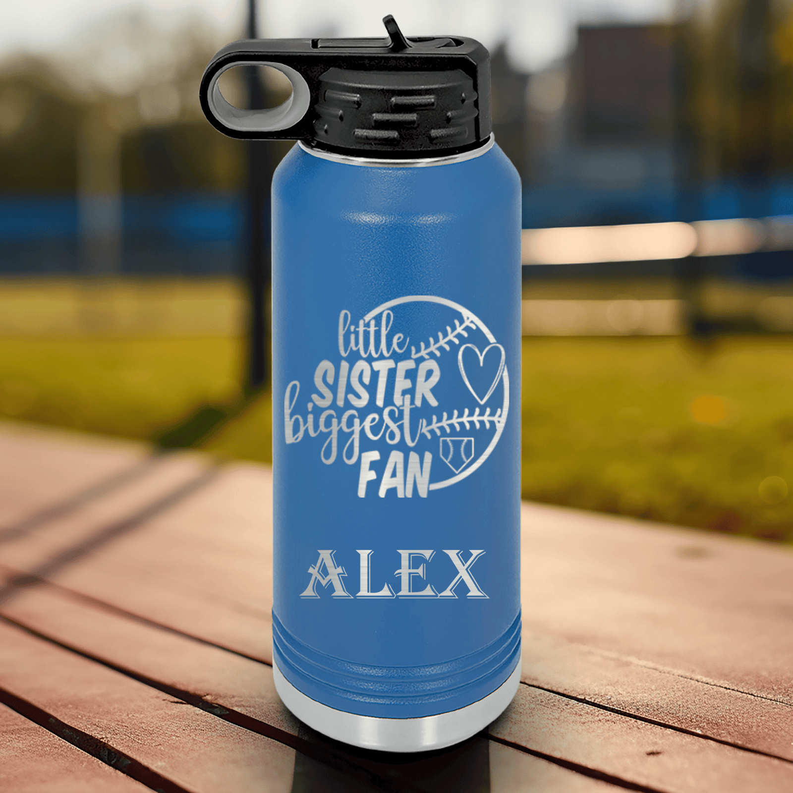 Blue Baseball Water Bottle With Cheering From The Sidelines Sister Design