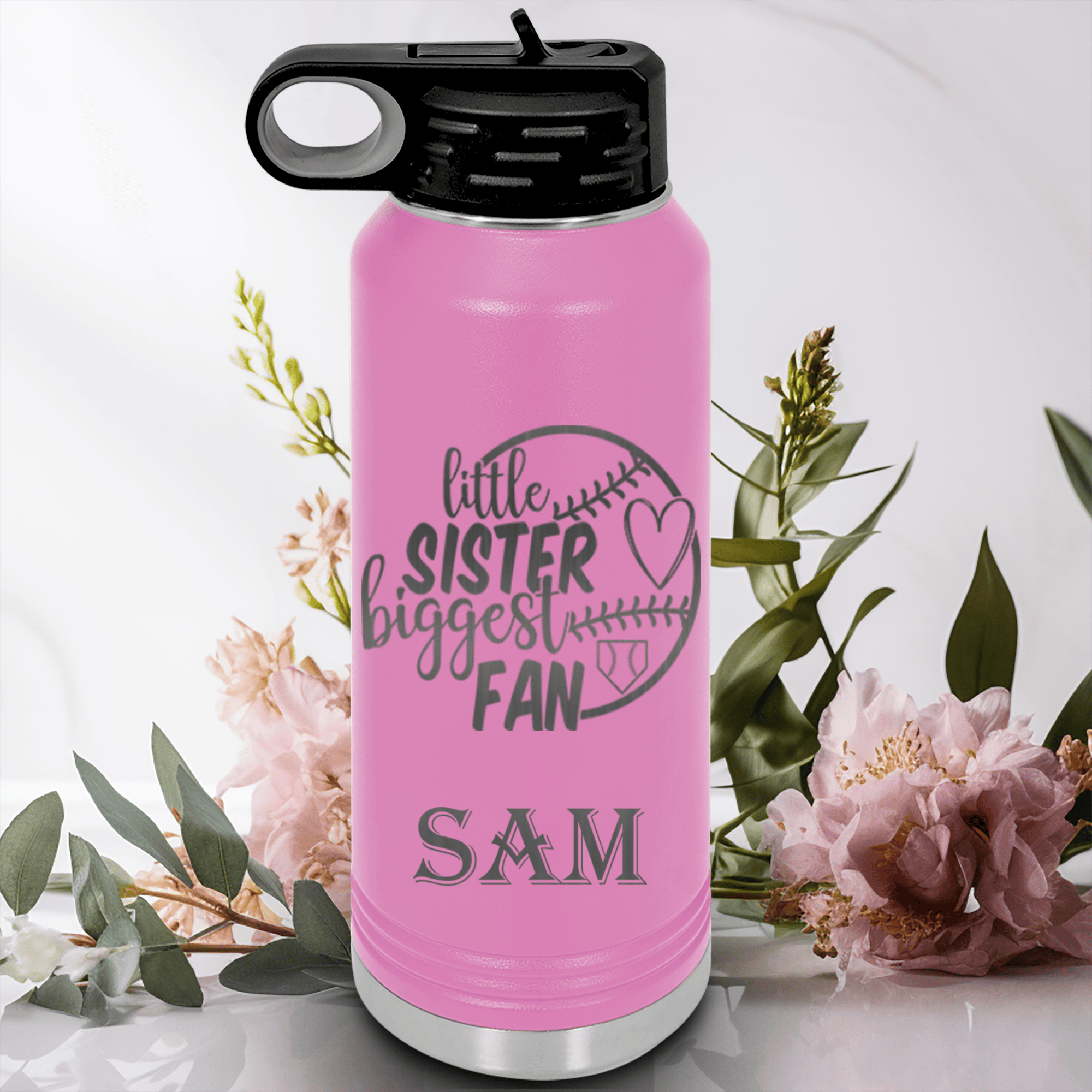 Light Purple Baseball Water Bottle With Cheering From The Sidelines Sister Design