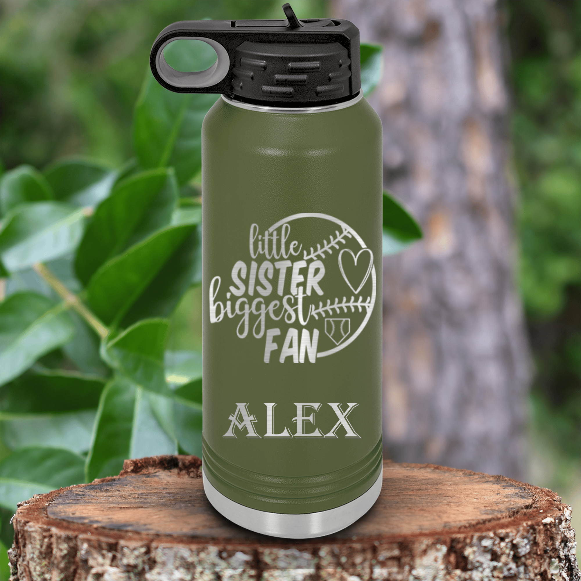 Military Green Baseball Water Bottle With Cheering From The Sidelines Sister Design