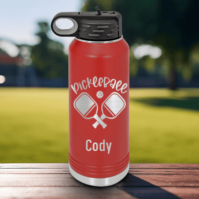 Red Pickleball Water Bottle With Crossing Swords Design