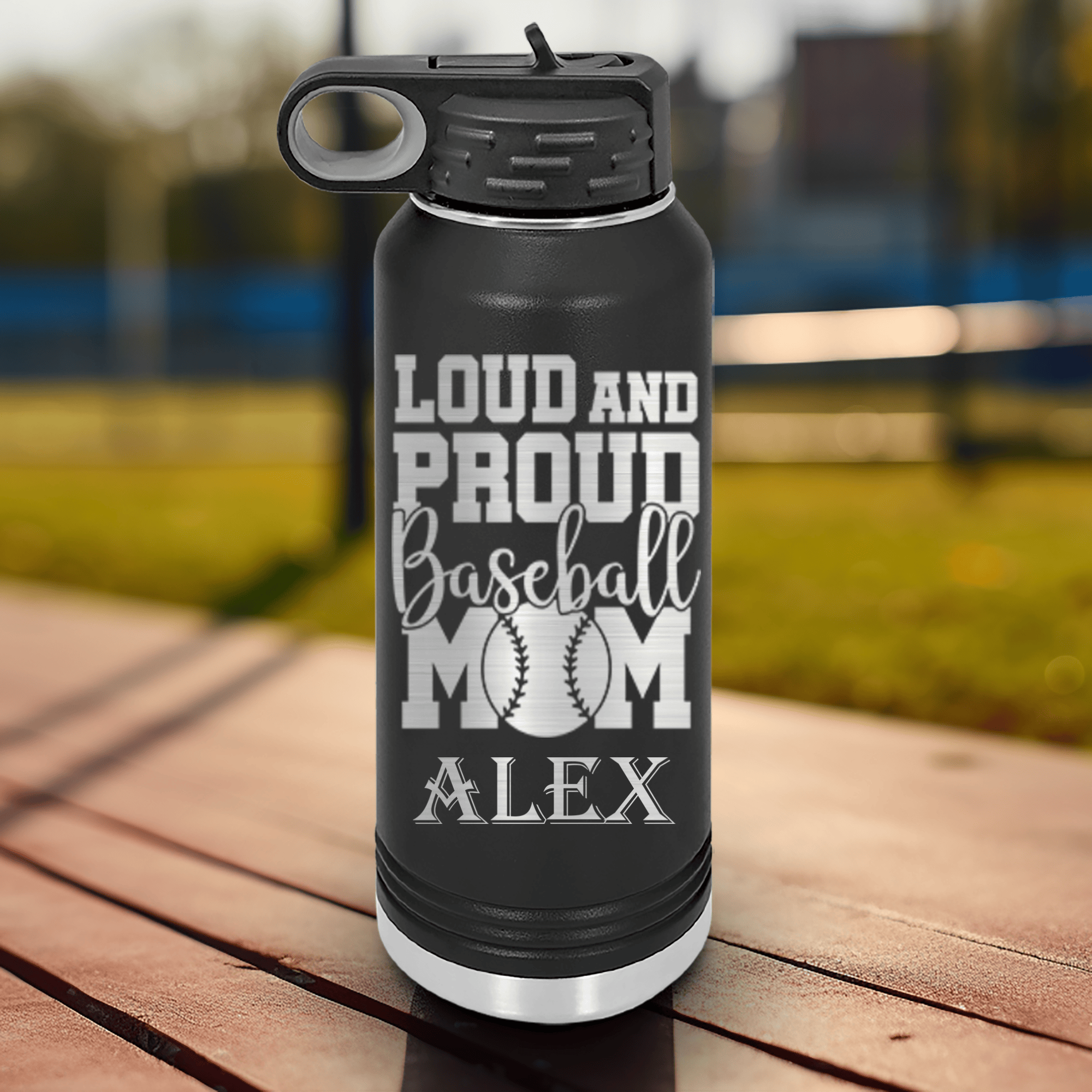 Black Baseball Water Bottle With Echoing Cheers From The Diamond Design