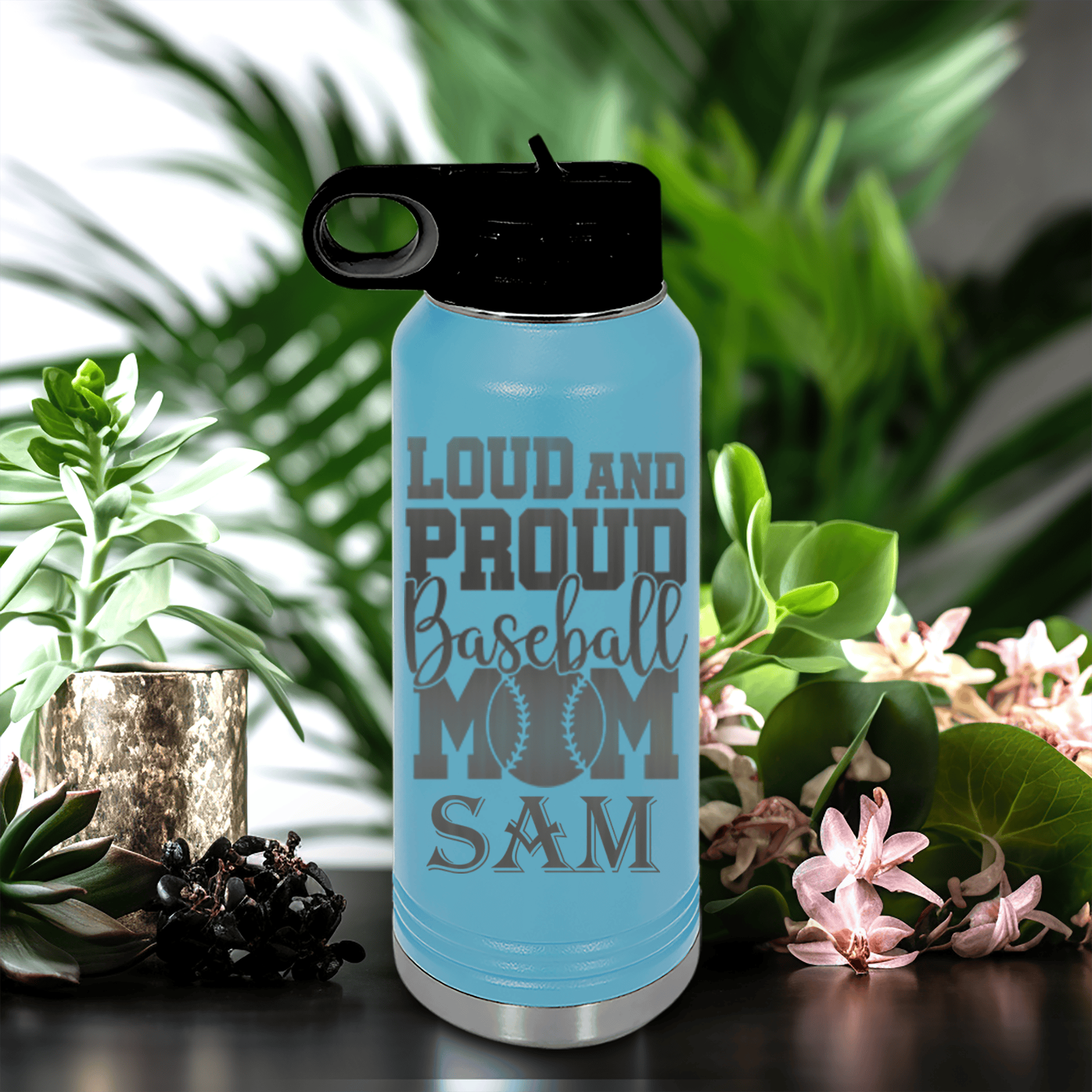 Light Blue Baseball Water Bottle With Echoing Cheers From The Diamond Design