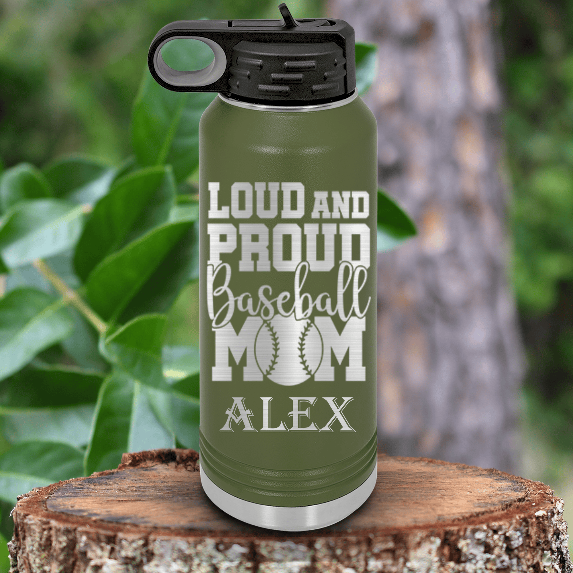 Military Green Baseball Water Bottle With Echoing Cheers From The Diamond Design