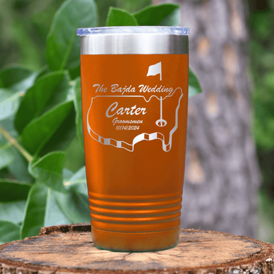 Orange Golf Tumbler With Golfers Wedding Party Design