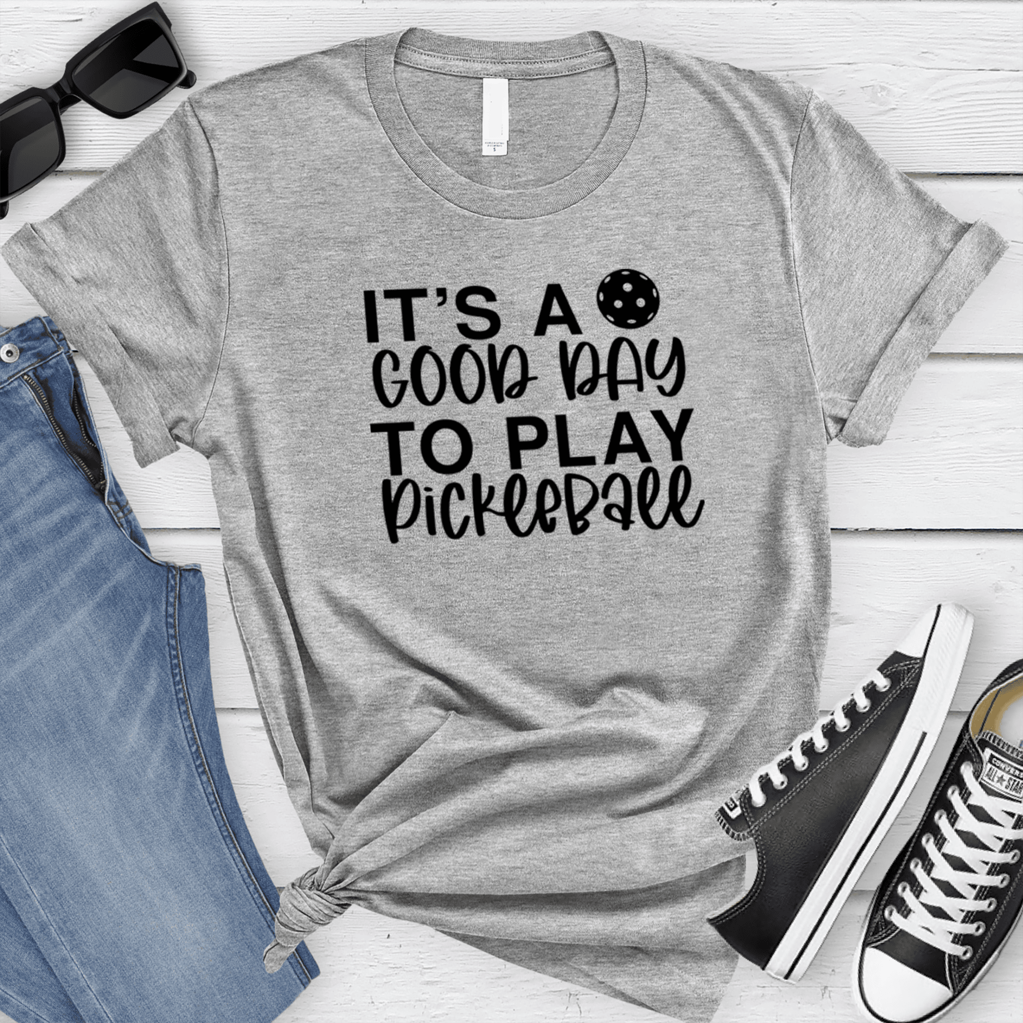 Womens Grey T Shirt with Its-A-Good-Day-For-Pickleball design