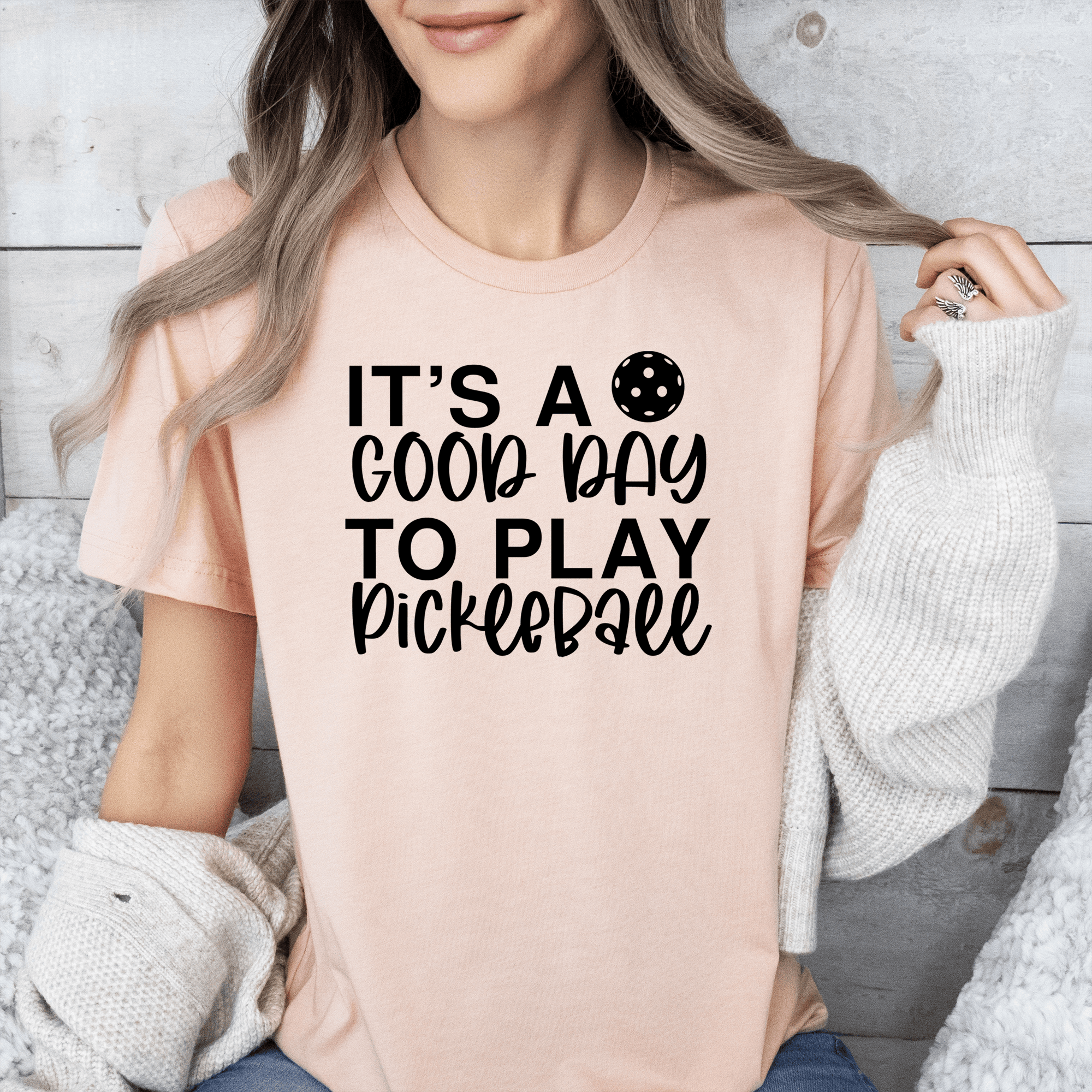 Womens Heather Peach T Shirt with Its-A-Good-Day-For-Pickleball design