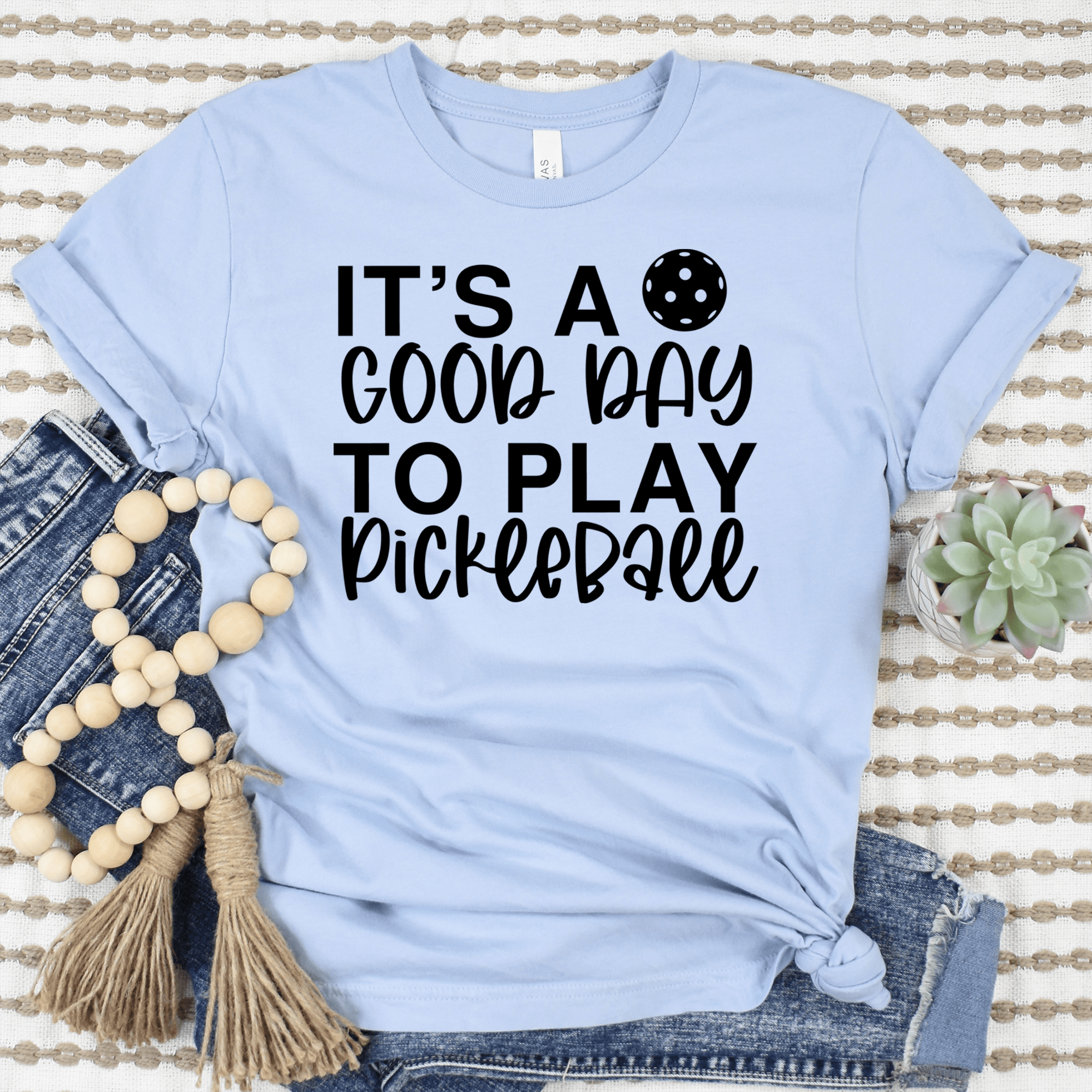 Womens Light Blue T Shirt with Its-A-Good-Day-For-Pickleball design