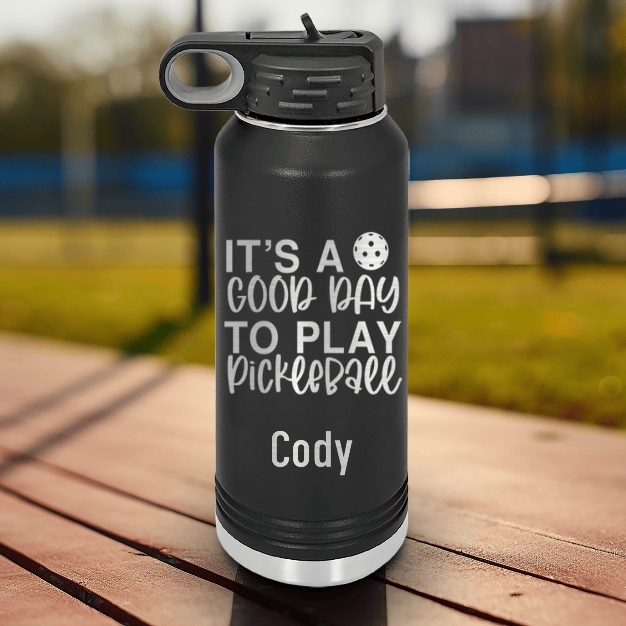 Black Pickleball Water Bottle With Its A Good Day For Pickleball Design