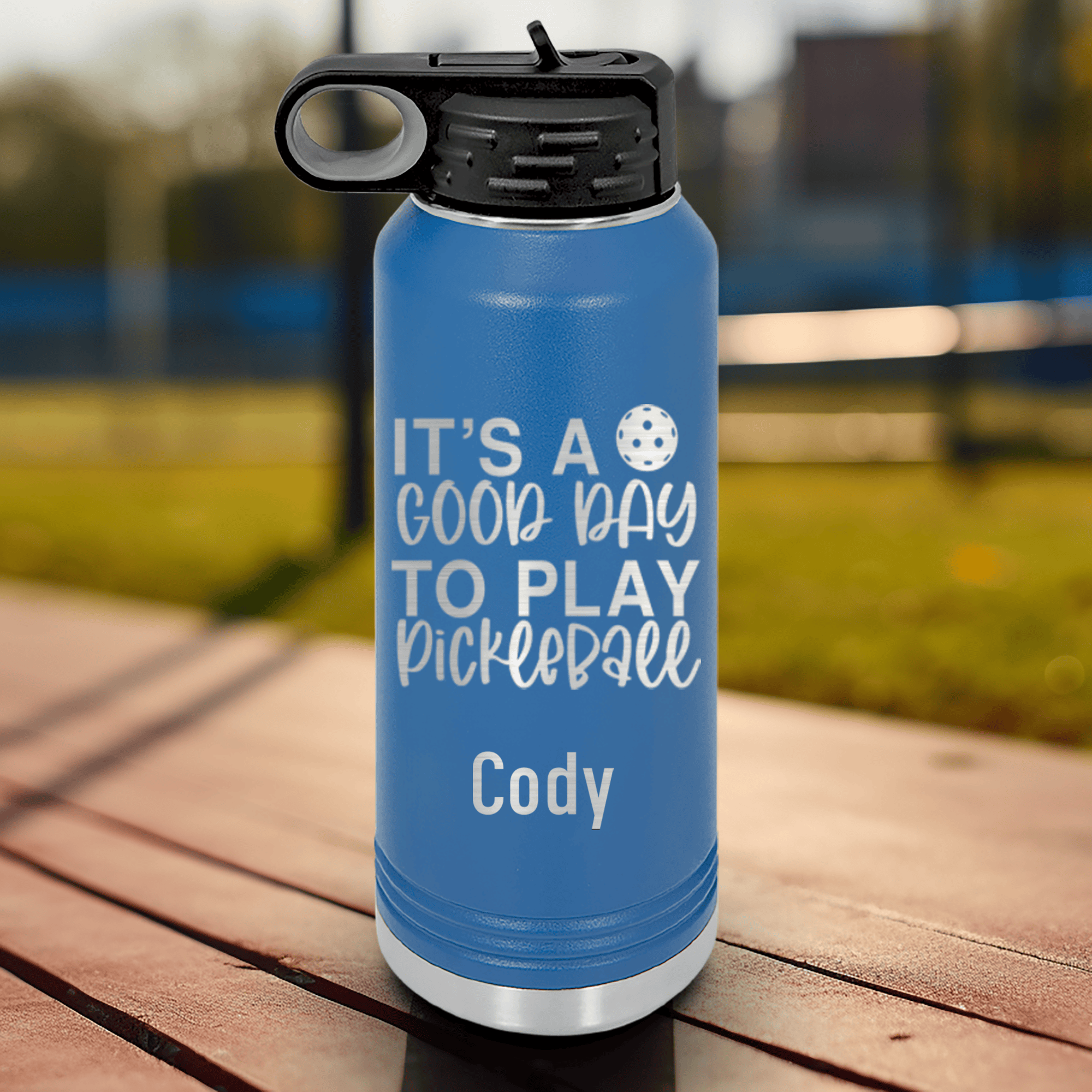 Blue Pickleball Water Bottle With Its A Good Day For Pickleball Design