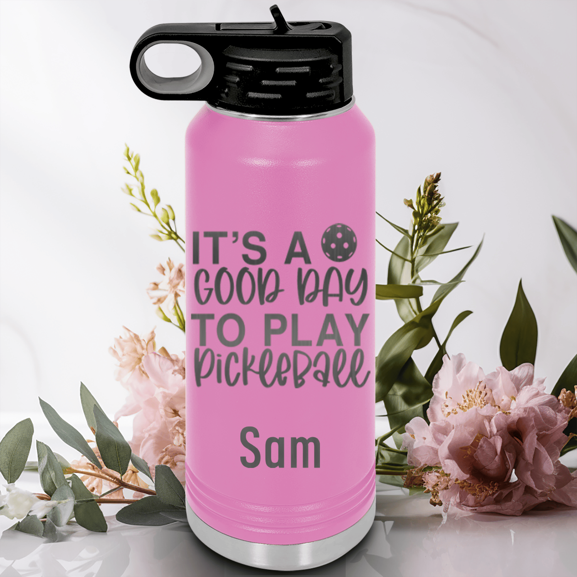 Light Purple Pickleball Water Bottle With Its A Good Day For Pickleball Design