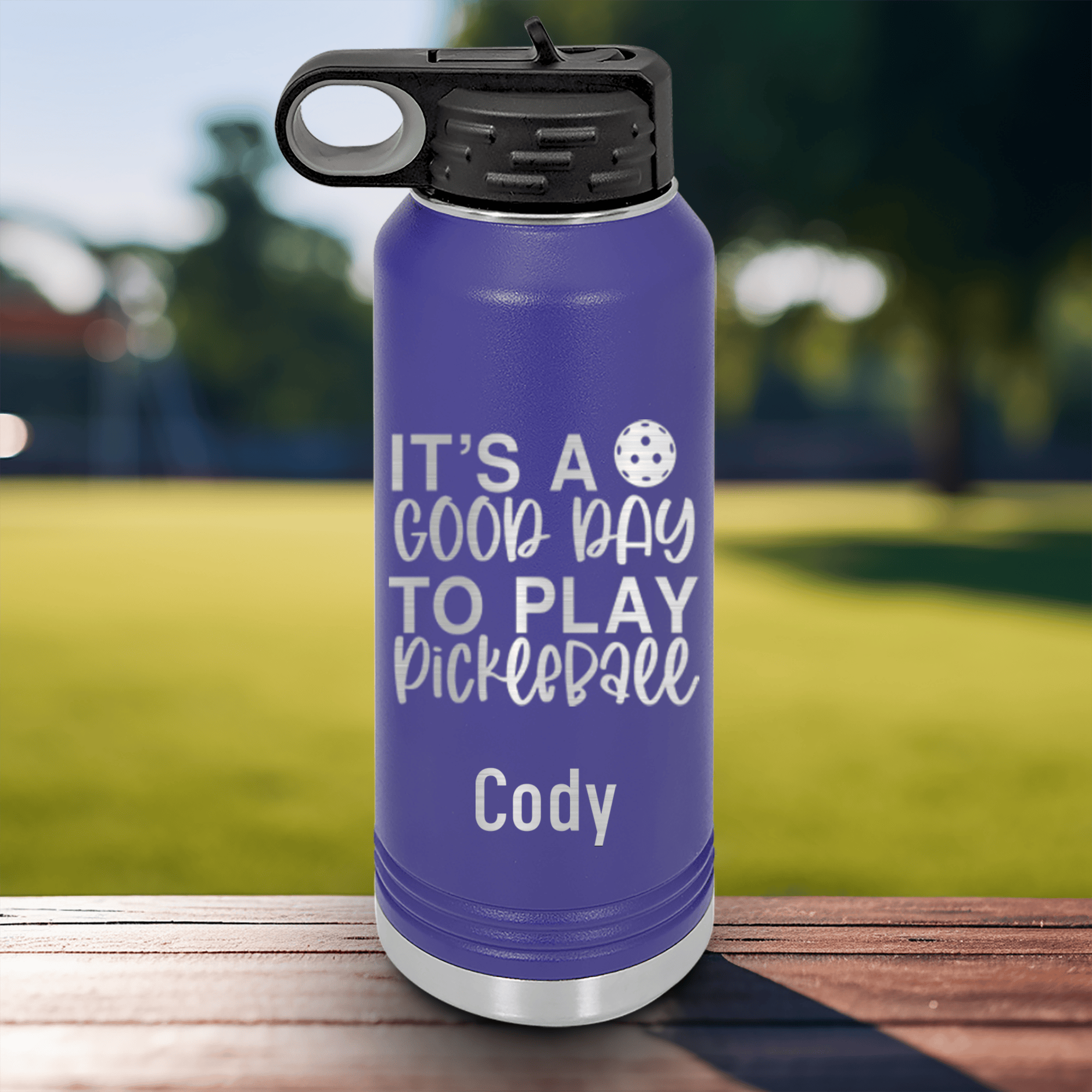 Purple Pickleball Water Bottle With Its A Good Day For Pickleball Design