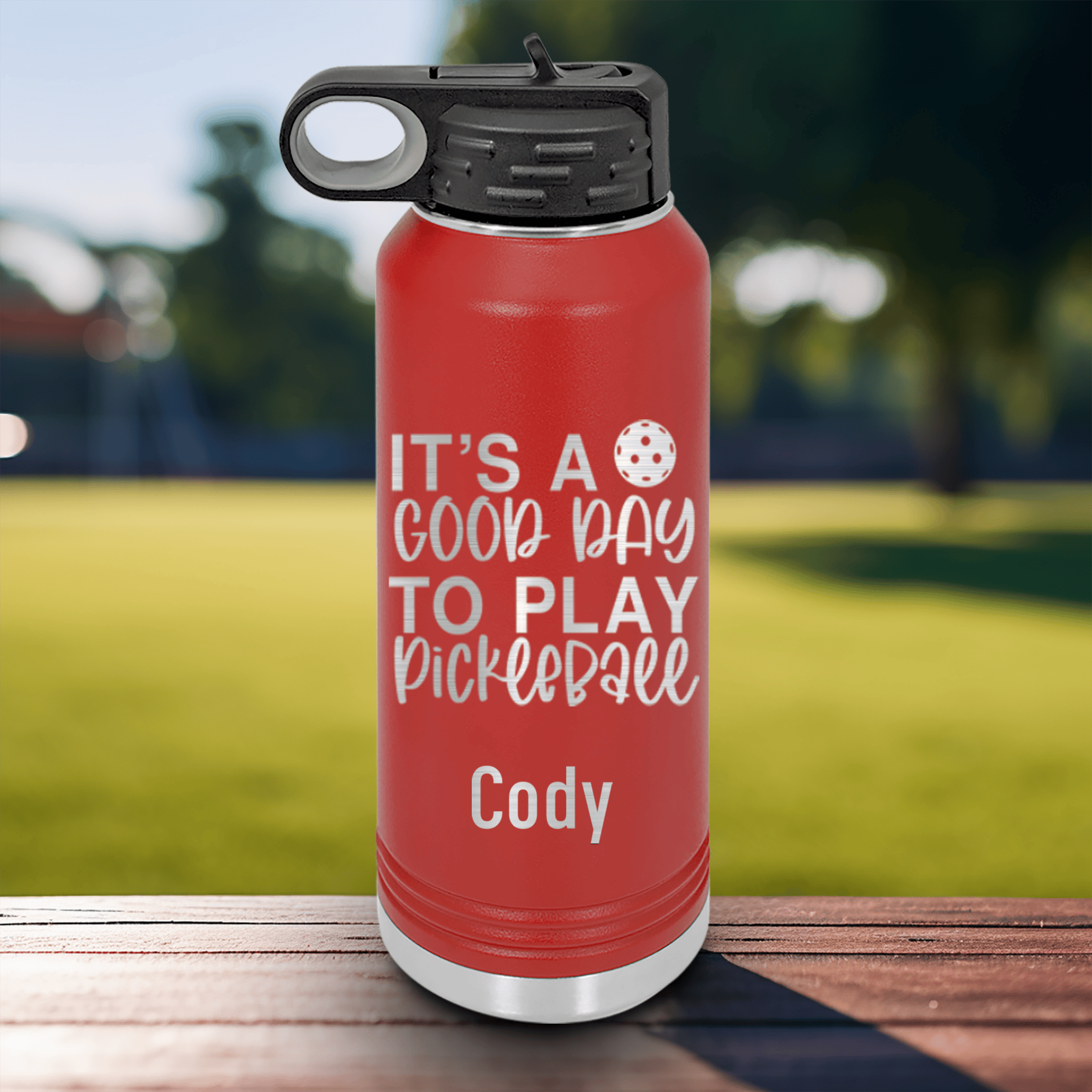 Red Pickleball Water Bottle With Its A Good Day For Pickleball Design