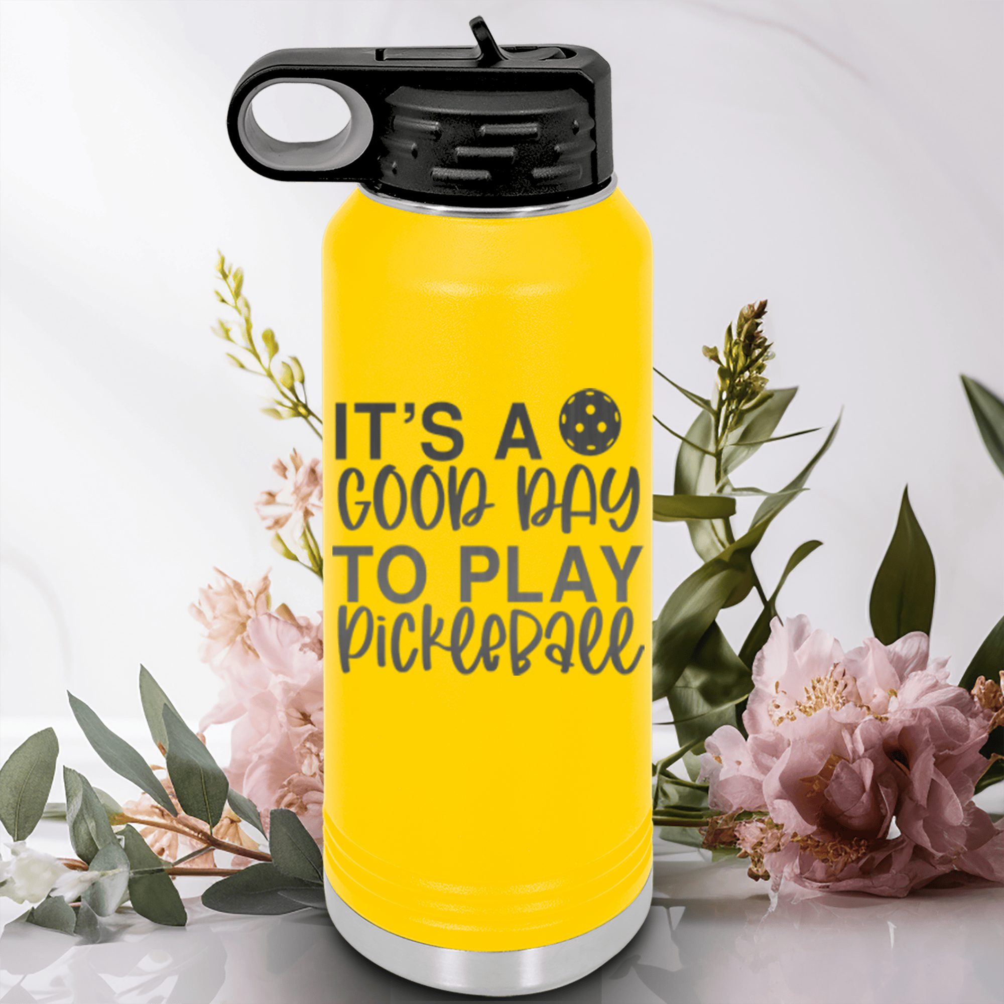 Yellow Pickleball Water Bottle With Its A Good Day For Pickleball Design