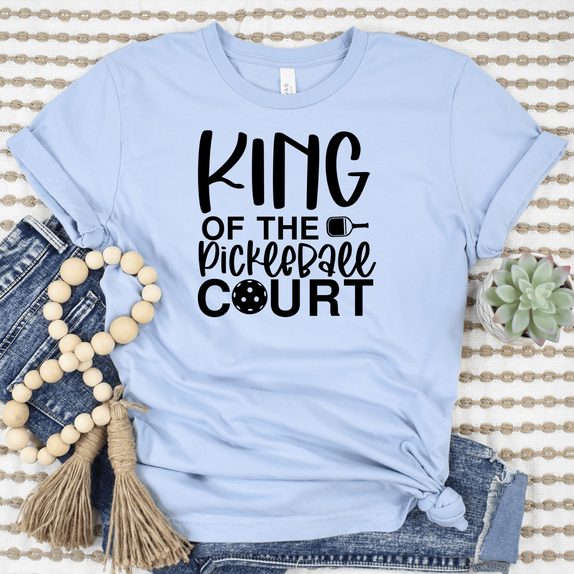 Womens Light Blue T Shirt with King-Of-The-Pickleball-Court design