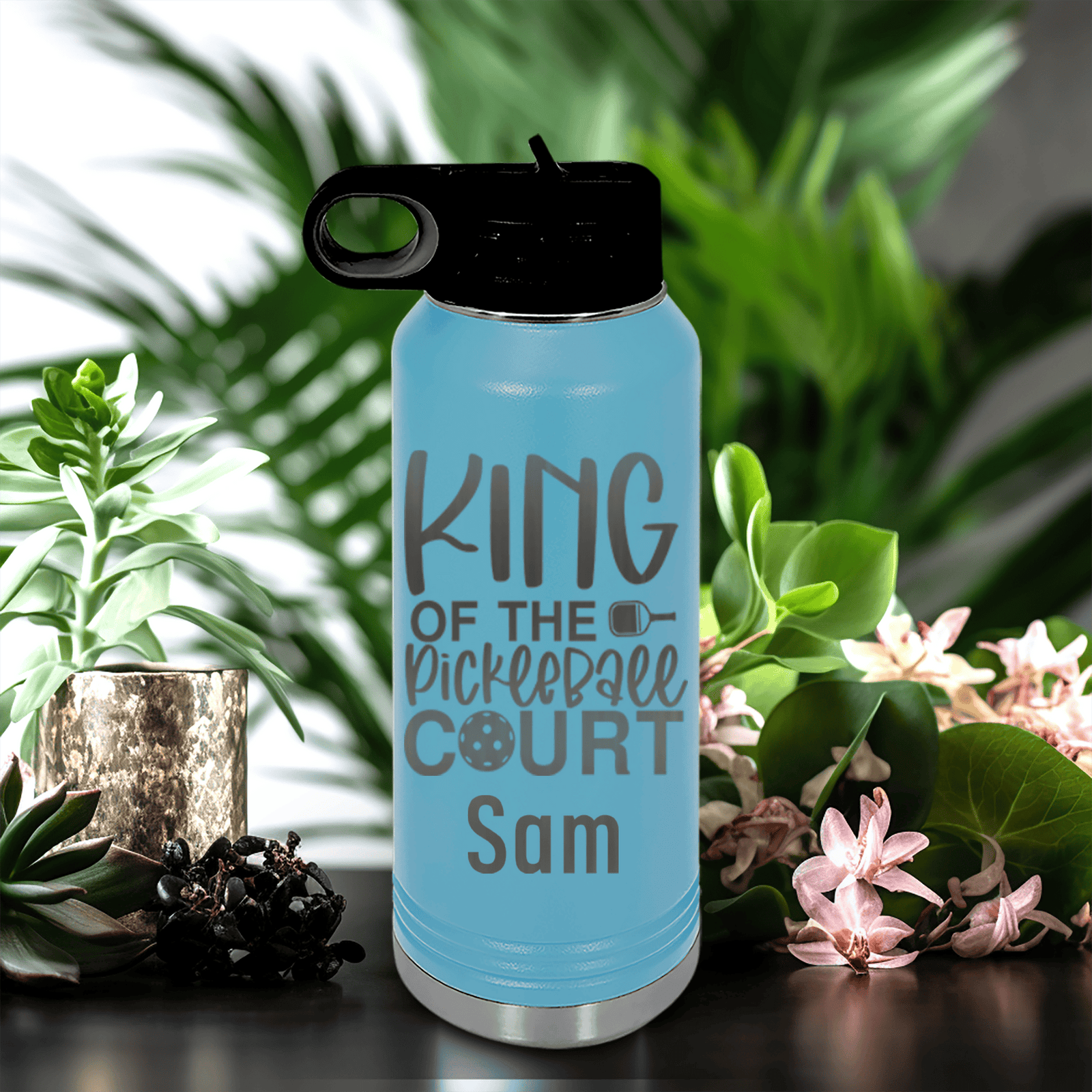 Light Blue Pickleball Water Bottle With King Of The Pickleball Court Design
