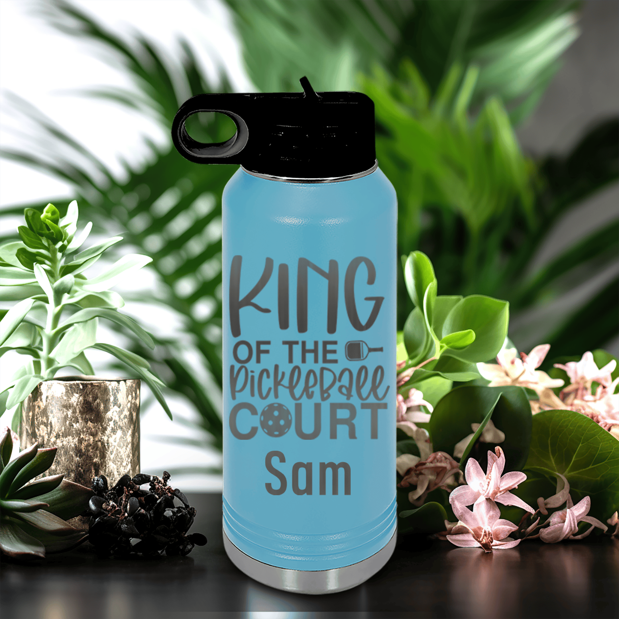 Light Blue Pickleball Water Bottle With King Of The Pickleball Court Design