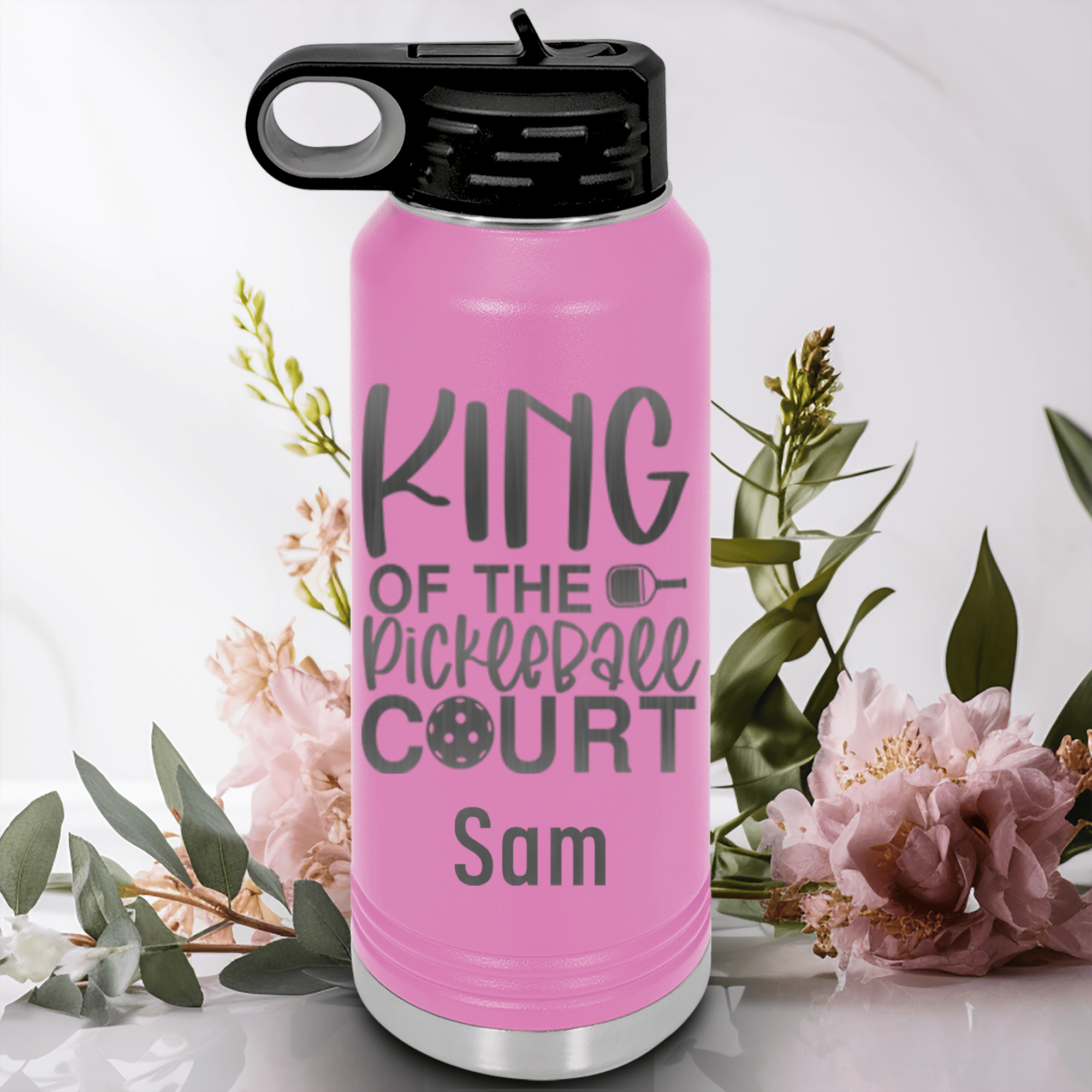 Light Purple Pickleball Water Bottle With King Of The Pickleball Court Design