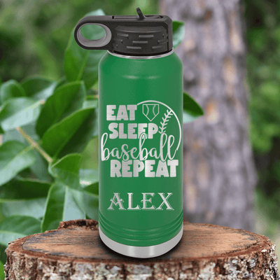 Green Baseball Water Bottle With Lifes Rythm Baseball Design