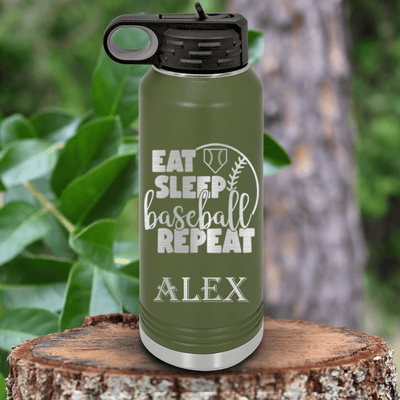 Military Green Baseball Water Bottle With Lifes Rythm Baseball Design
