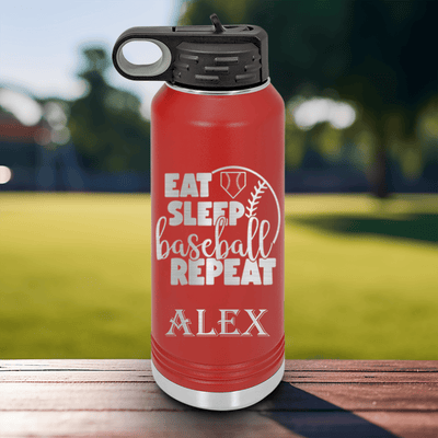 Red Baseball Water Bottle With Lifes Rythm Baseball Design