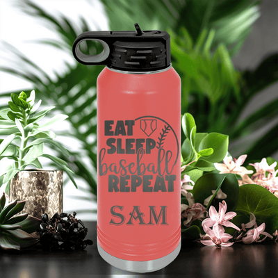 Salmon Baseball Water Bottle With Lifes Rythm Baseball Design