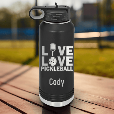 Black Pickleball Water Bottle With Live Love Pickle Design