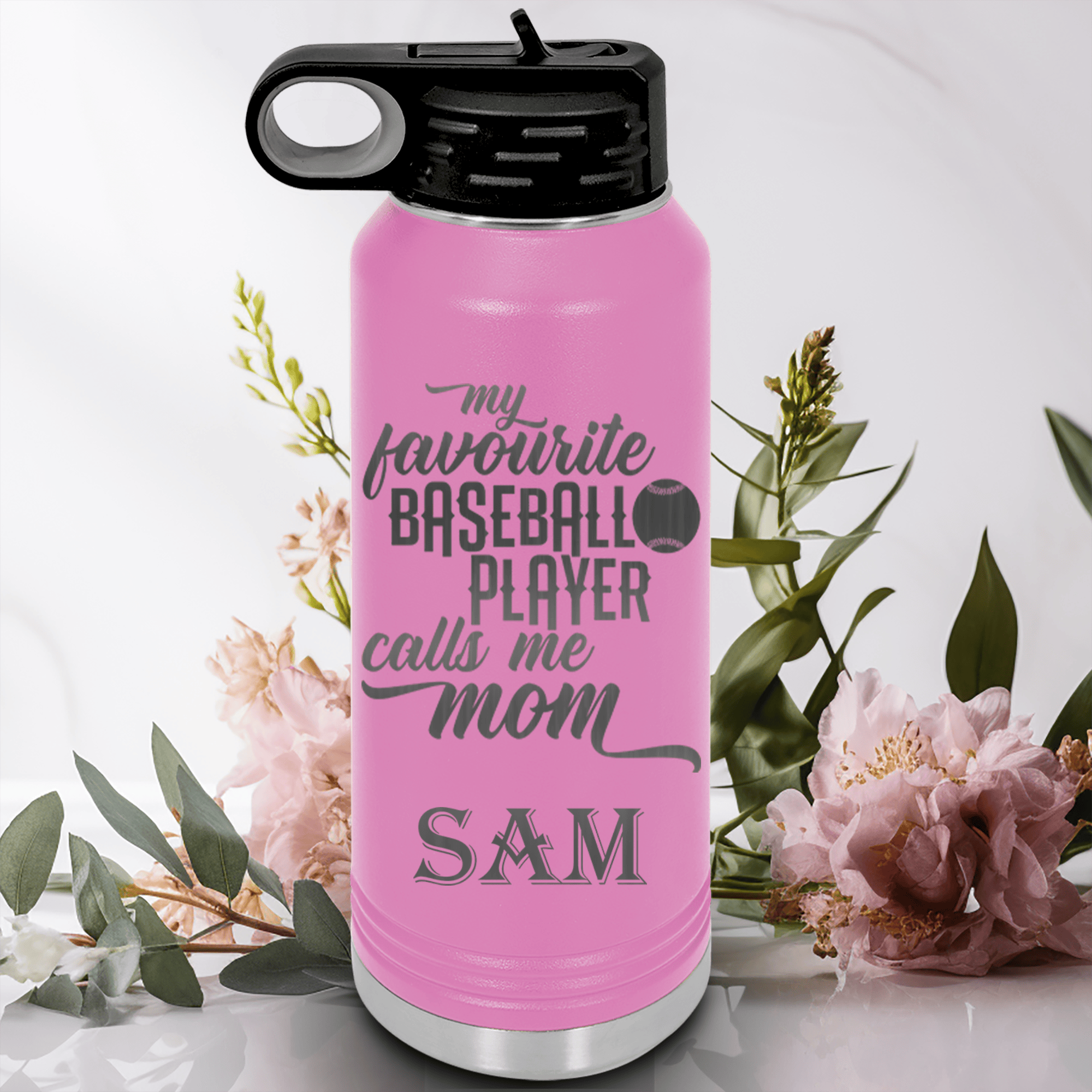 Light Purple Baseball Water Bottle With Moms Mvp On The Diamond Design