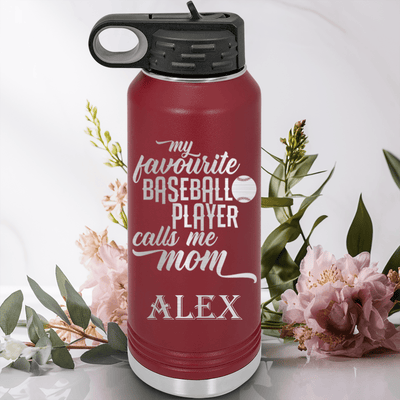 Maroon Baseball Water Bottle With Moms Mvp On The Diamond Design