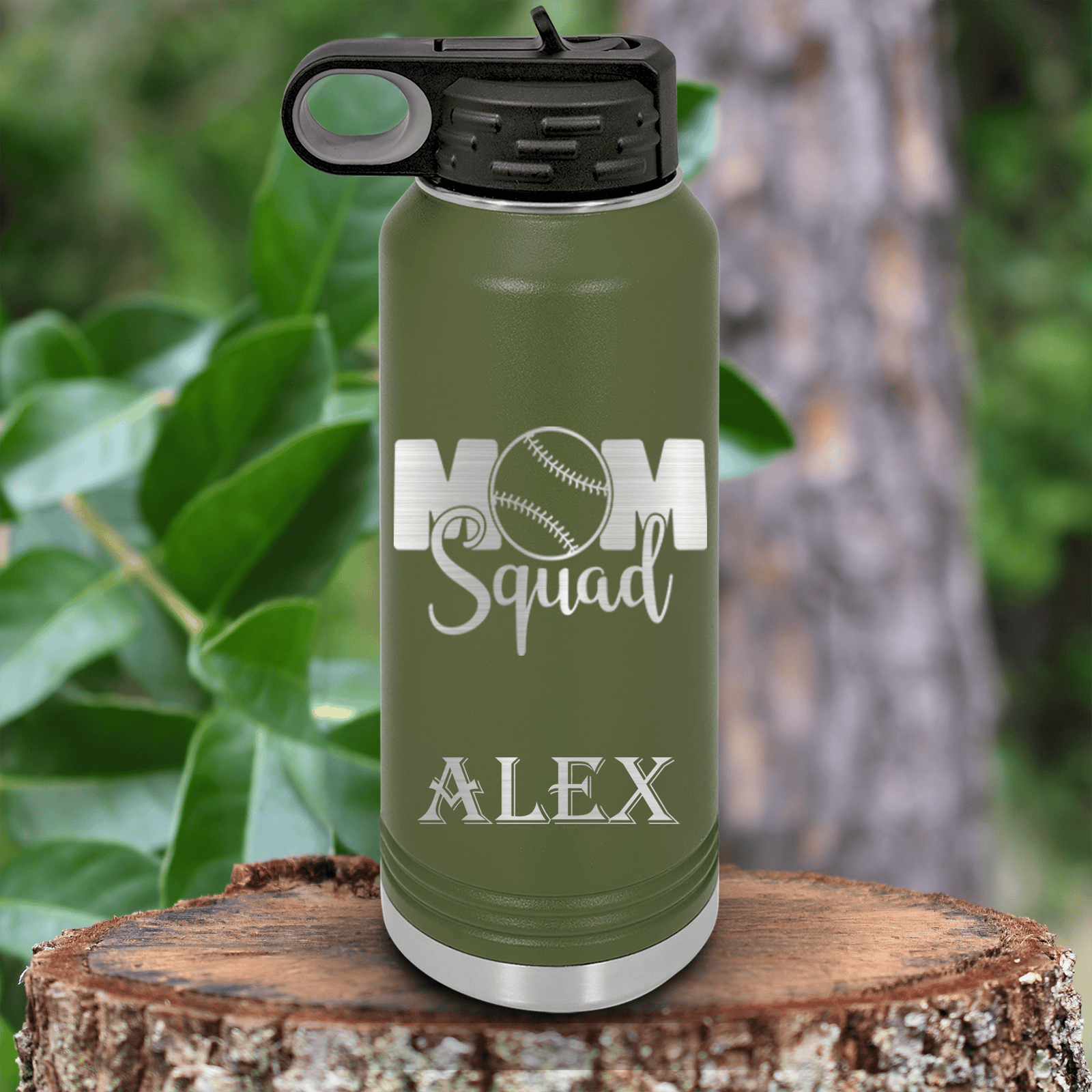 Military Green Baseball Water Bottle With Mothers Of The Mound Design