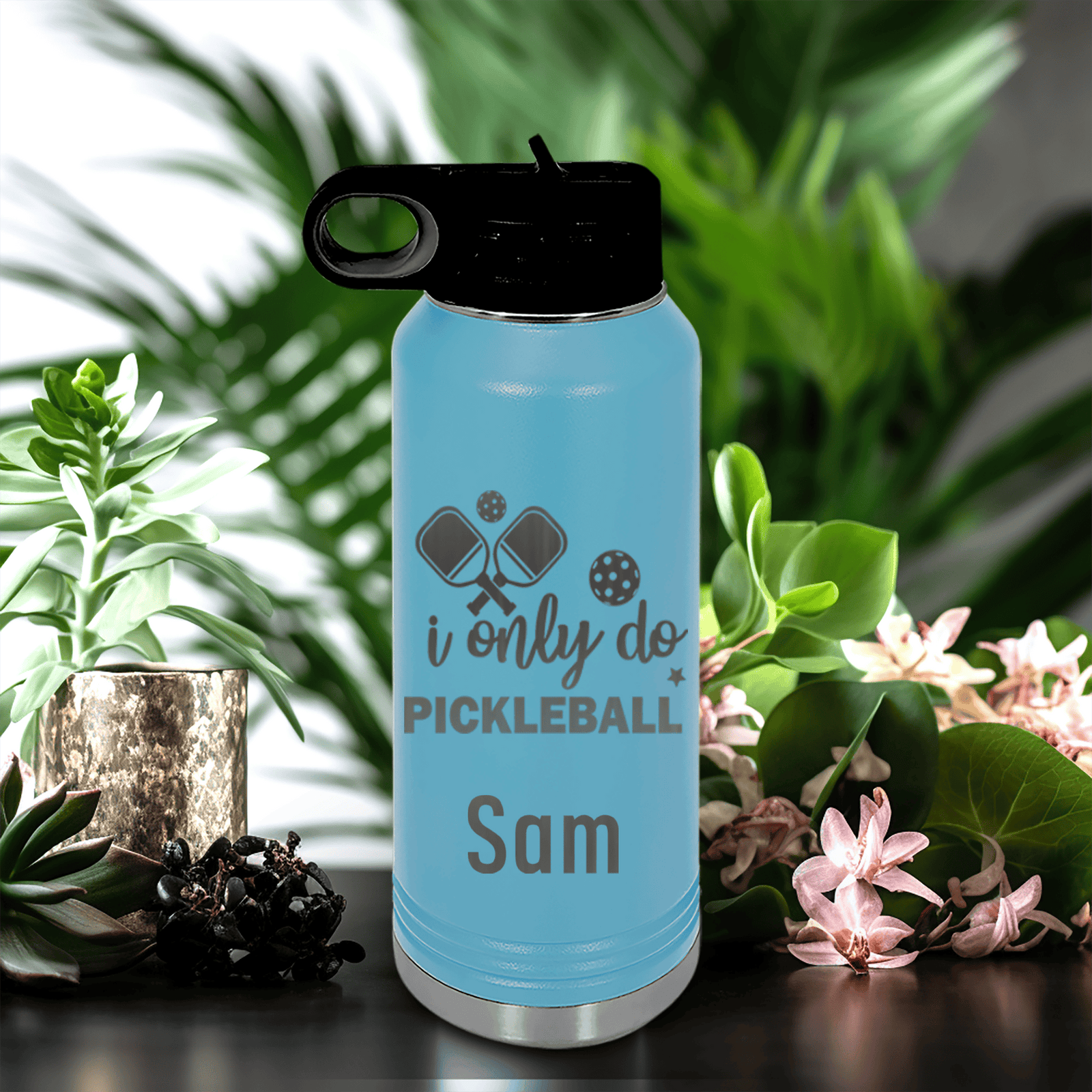 Light Blue Pickleball Water Bottle With Nothin But Pickle Design