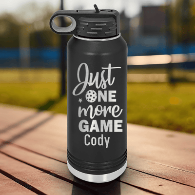 Black Pickleball Water Bottle With One More Pickle Design