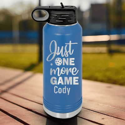 Blue Pickleball Water Bottle With One More Pickle Design