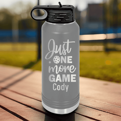 Grey Pickleball Water Bottle With One More Pickle Design