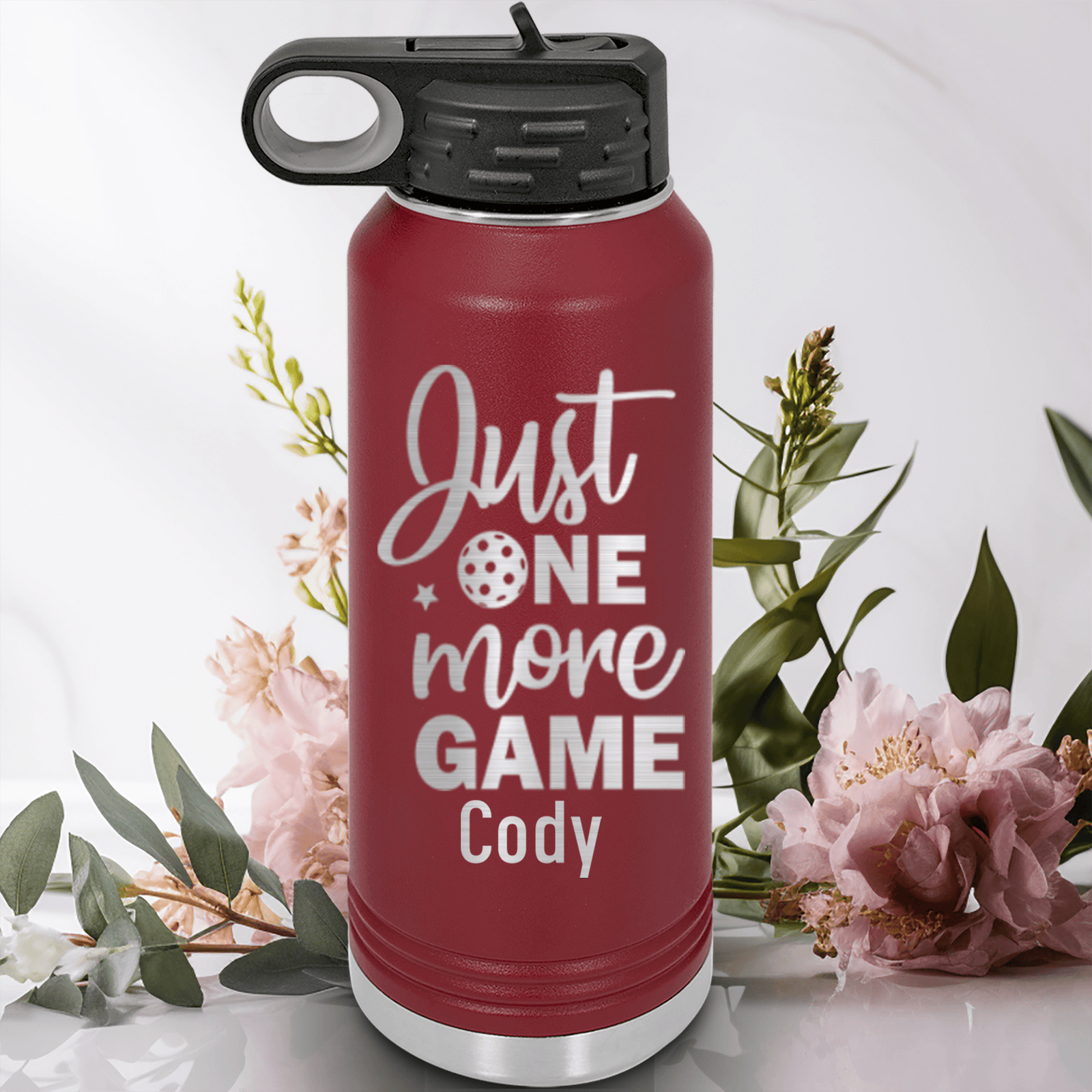 Maroon Pickleball Water Bottle With One More Pickle Design