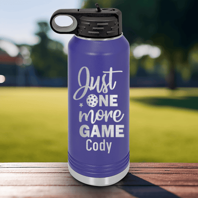 Purple Pickleball Water Bottle With One More Pickle Design