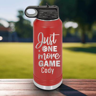 Red Pickleball Water Bottle With One More Pickle Design
