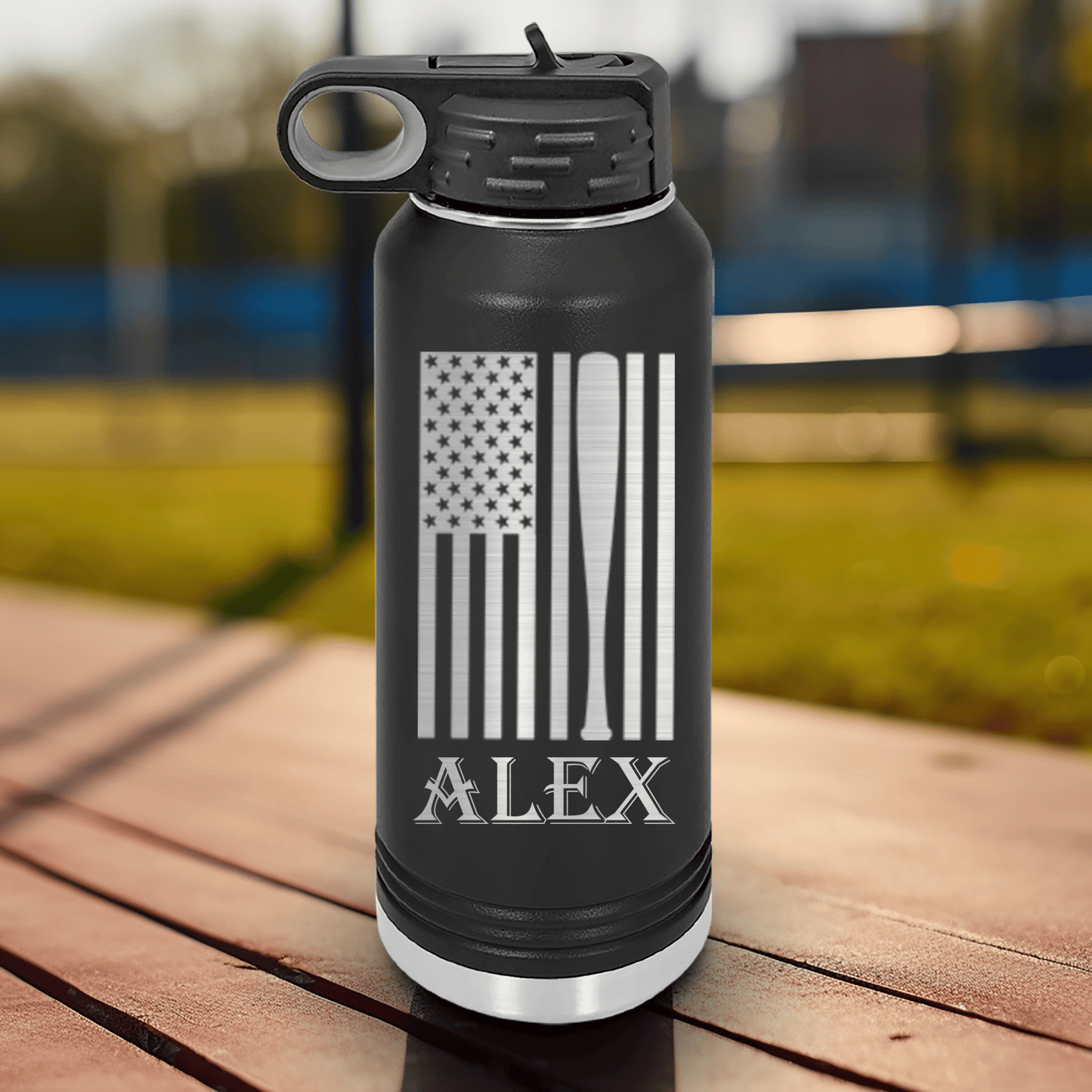 Black Baseball Water Bottle With Patriotic Baseball Pride Design