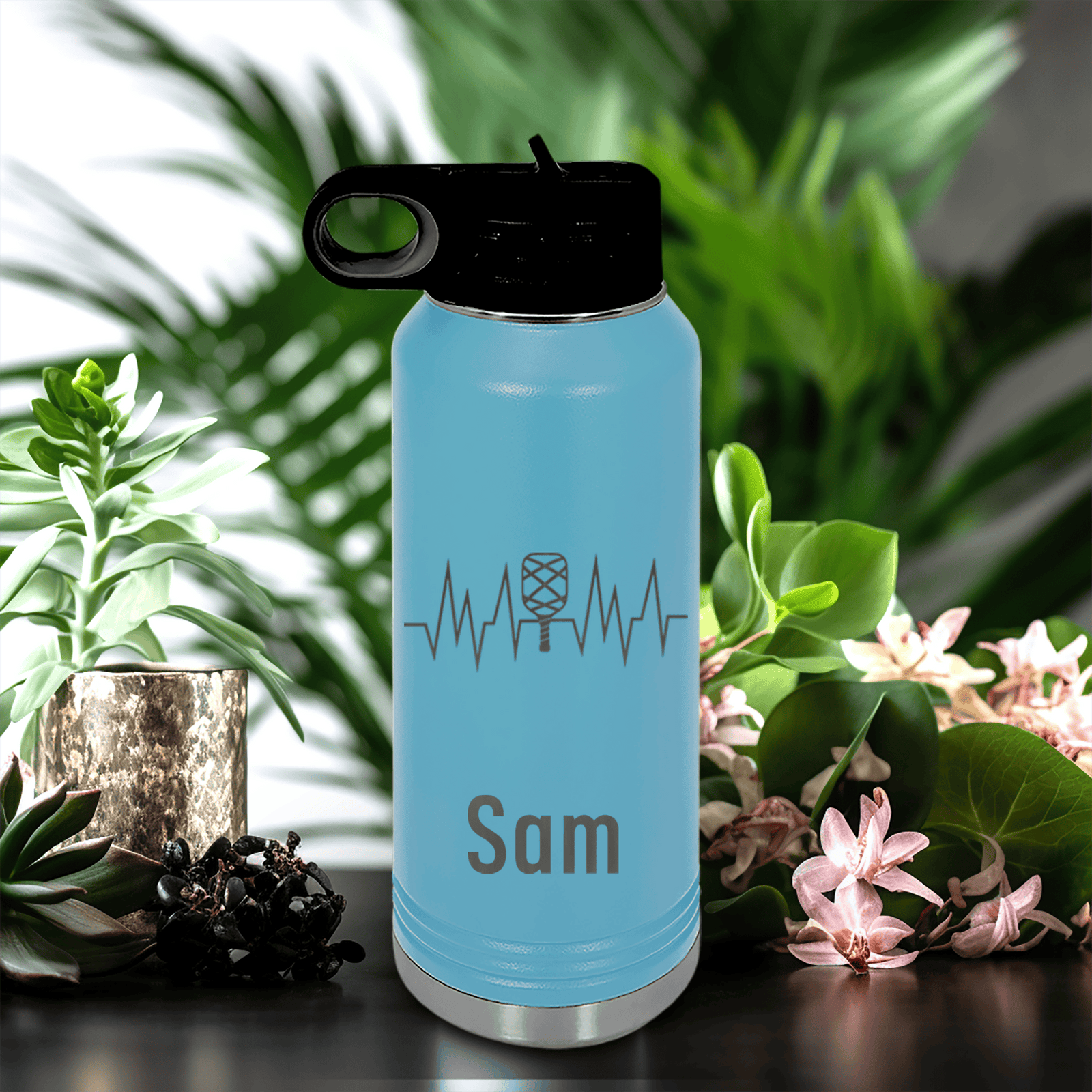 Light Blue Pickleball Water Bottle With Pickle Beats Design