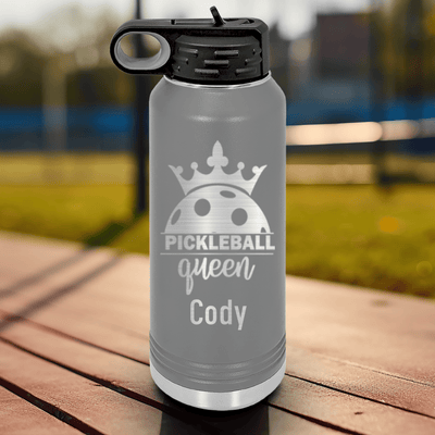 Grey Pickleball Water Bottle With Pickle Queen Design