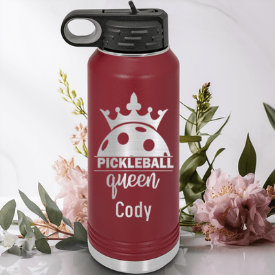 Maroon Pickleball Water Bottle With Pickle Queen Design
