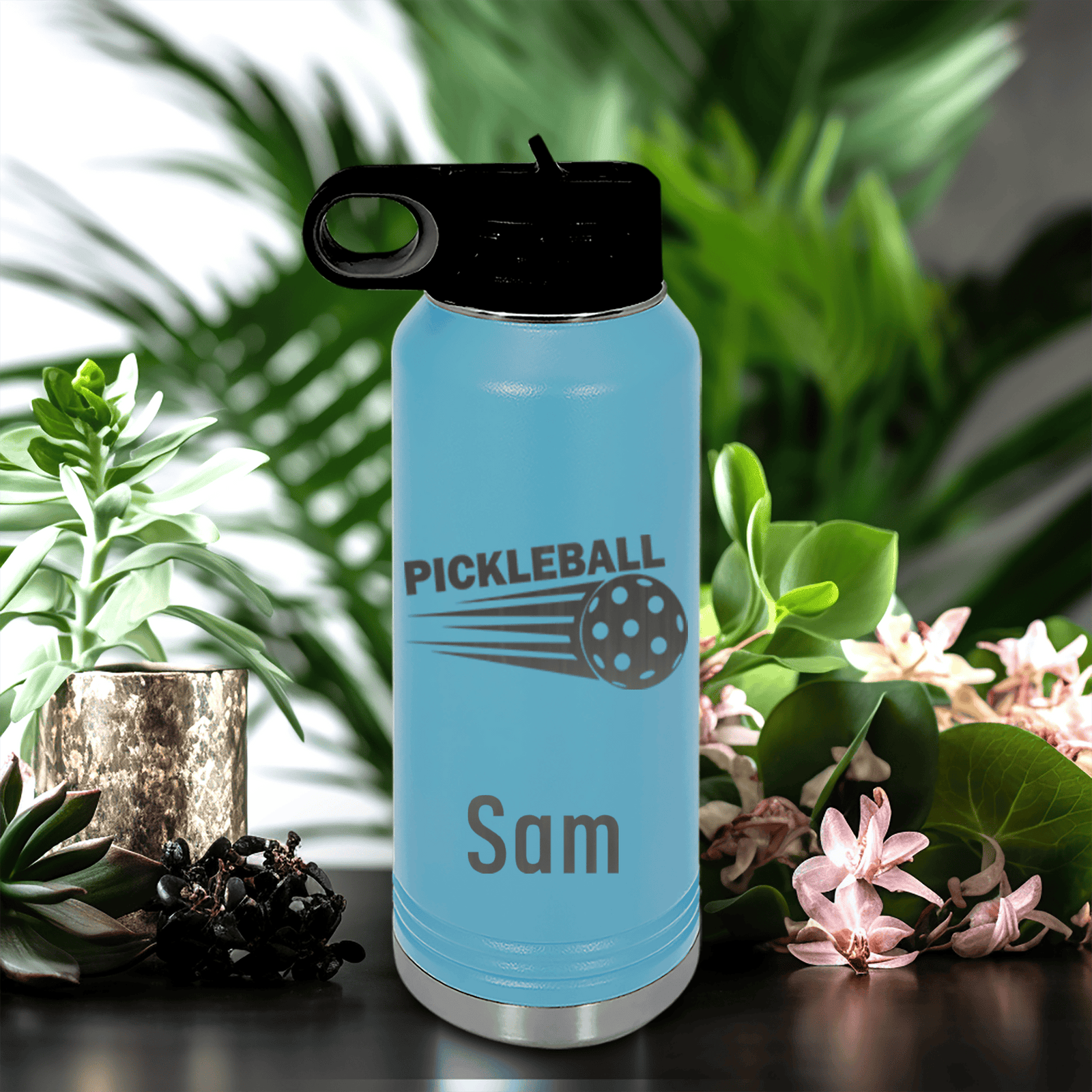 Light Blue Pickleball Water Bottle With Pickle Sport Design